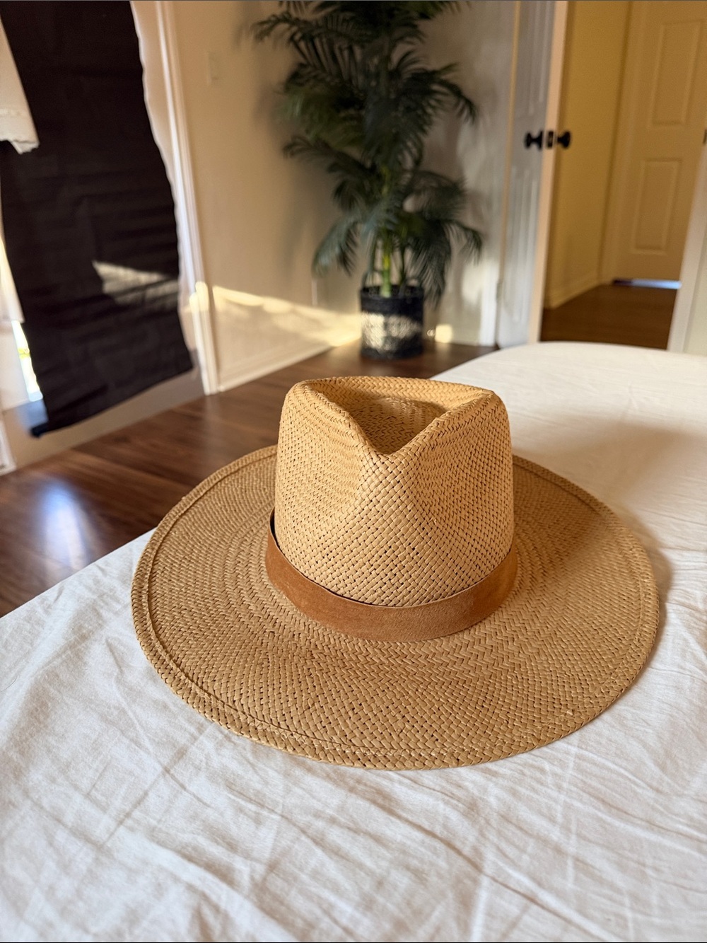 Janessa Leone Straw Fedora Hat in Tan with Brown Band